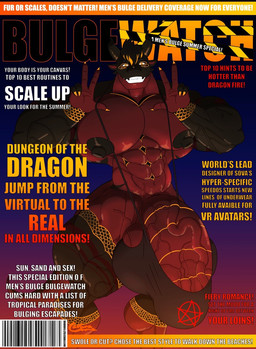 abs anthro big_muscles big_pecs big_penis bulge clothing genitals huge_muscles huge_pecs huge_penis hyper hyper_genitalia hyper_penis male muscular nipples pecs penis pose smile solo standing swimming_trunks swimwear text vein veiny_penis centaurus mythology molochstrife agamid dragon lizard mythological_creature mythological_scalie reptile scalie thorny_devil cover english_text magazine_cover