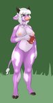 anthro big_breasts braided_hair breasts female genitals hair horn huge_breasts nipples nude pussy simple_background smile solo blackbetty bovid bovine cattle mammal hi_res