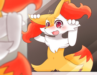 3_fingers :3 ambiguous_anthro ambiguous_gender anthro arm_tuft biped black_body black_fur blush blush_lines bodily_fluids cheek_tuft chest_tuft cute_fangs depth_of_field dipstick_tail emanata eyebrows facial_tuft fangs fingers flat_chested front_view fur furrowed_eyebrows hip_tuft implied_transformation inner_ear_fluff markings mirror multicolored_body multicolored_fur navel nude_ambiguous nude_anthro open_:3 open_mouth orange_body orange_fur orange_inner_ear_fluff orange_nose orange_tail_tip overwhelmed raised_arms rear_view red_eyes reflection shocked shoulder_tuft snout solo spiral spiral_pupils standing tail tail_markings tears teeth touching_face tuft two_tone_tail white_body white_fur yellow_body yellow_fur yellow_tail moduckten nintendo pokemon terner-chan_(moduckten) braixen canid generation_6_pokemon mammal pokemon_(species) 2019 colored digital_drawing_(artwork) digital_media_(artwork) half-length_portrait japanese_description portrait shaded translated_description