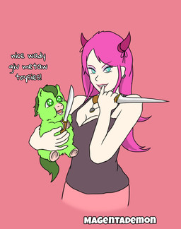 ambiguous_feral ambiguous_gender baby_talk black_camisole bottomwear breasts camisole cleavage clothed clothing dialogue duo eyelashes eyeshadow female female_humanoid feral finger_in_mouth fur green_body green_eyes green_fur green_hair green_tail hair happy holding_another holding_knife holding_object hooves horn jewelry knife light_body light_skin lips long_hair looking_at_object looking_at_viewer makeup necklace open_mouth pink_background pink_bottomwear pink_clothing pink_hair pink_horn pink_lips purple_eyeshadow simple_background tail teal_eyes teeth text young young_ambiguous young_feral carpdime fluffy_pony avocado_(fluffy_pony) magenta_(magentademon) demon fluffy_pony_(species) horned_humanoid humanoid mammal copyright_name english_text