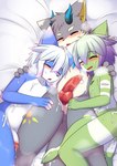 anthro anthro_on_anthro blue_body blue_fur blush bodily_fluids countershade_face countershade_fur countershade_torso countershading cum cum_on_face eyes_closed femboy fur genital_fluids genitals glans green_body green_fur grey_body grey_fur group hair humanoid_genitalia humanoid_penis interspecies kemono knot long_penis male male/male penis penis_mouth shota trio versatile young young_anthro young_male hane arbre_(hane) gnim_(replikagami) canid canine felid feline mammal comic hi_res