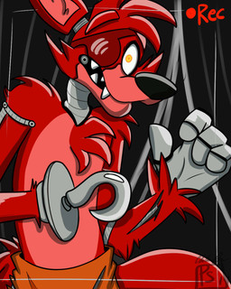 4_fingers anthro camera_view clothed clothing eye_patch eyewear fingers fur hook hook_hand machine male orange_eyes recording red_body red_fur sharp_teeth solo teeth toony topless pandasocks five_nights_at_freddy's scottgames foxy_(fnaf) animatronic canid canine fox mammal robot 4:5 hi_res