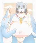 anthro asian_clothing beard belly black_nose blue_body blue_fur blush clothing duo east_asian_clothing facial_hair fundoshi fur humanoid_hands japanese_clothing kemono male moobs nipples overweight overweight_male towel underwear white_body white_clothing white_fundoshi white_fur white_underwear young 10_cosmo_24 bonasiah full_attack sophring_hao sophring_jie bear mammal 2021 hi_res