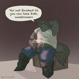2_penises 5_fingers animal_genitalia animal_penis anthro aroused_male blue_bottomwear blue_clothing blue_pants bottomwear clothed clothing dialogue erection fingers fondling_penis footwear genitals gradient_background grin hemipenes inviting inviting_viewer looking_at_viewer male masturbation multi_genitalia multi_penis open_bottomwear open_clothing open_pants pants partially_clothed penis penis_grab penis_in_hand raised_arm shirt shoes simple_background sitting sitting_on_box smile speech_bubble tail text thick_tail thick_thighs topwear white_clothing white_shirt white_topwear yellow_frill luvamisguilty lizard reptile scalie 1:1 english_text hi_res
