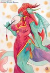 abstract_background anthro asian_clothing big_breasts biped breasts chinese_clothing chinese_dress cleavage clothed clothing dress east_asian_clothing female hair horn looking_at_viewer membrane_(anatomy) membranous_wings non-mammal_breasts paper_fan smile solo standing tail wings murazaki mythology dragon mythological_creature mythological_scalie scalie absurd_res hi_res traditional_media_(artwork)