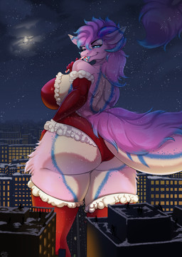anthro big_breasts big_butt biped blue_body blue_eyes blue_fur blue_hair blue_horn blue_sclera blue_tongue breasts butt christmas_clothing city clothed clothed_anthro clothed_female clothed_macro clothing curved_horn dipstick_ears ear_markings female female_anthro fur hair holidays horn huge_breasts light macro macro_anthro macro_female mature_anthro mature_female moon moonlight multicolored_ears night pink_body pink_ears pink_fur pink_hair pink_horn pink_inner_ear pupils purple_horn red_clothing sky slit_pupils snow snowing solo star starry_sky tail tail_hair tail_mane tail_tuft tongue tuft white_body white_breasts white_butt white_clothing white_ear_tips white_fur arinadler christmas krystal_(darkmaster781) wickerbeast absurd_res hi_res