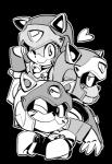 accessory armor collar crossed_arms female group hair_accessory hairband hand_on_hip headgear heart_symbol helmet male one_eye_closed wink ramuchoppu samurai_pizza_cats guido_anchovy polly_esther speedy_cerviche domestic_cat felid feline felis mammal monochrome