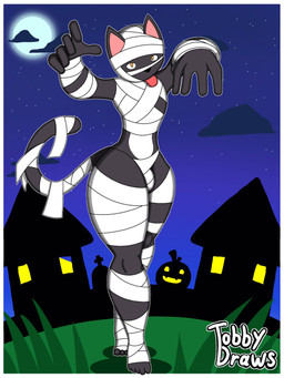adolescent anthro biped black_body border bulge cat_tail curvy_figure femboy fur holidays looking_at_viewer male male_anthro moon mummy_costume mummy_wrappings night nude nude_anthro nude_male sky solo thick_thighs tongue walking white_border wide_hips yellow_eyes young tobydraws4 halloween felix_(tobydraws4) domestic_cat felid feline felis mammal 3:4 hi_res