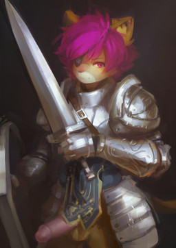 anthro armor balls circumcised erection eye_patch eyewear fighting_pose genitals hair holding_melee_weapon holding_object holding_sword holding_weapon humanoid_genitalia humanoid_penis knight looking_at_viewer male melee_weapon penis penis_poking_out plate_armor pose shield solo standing sword warrior weapon puinkey_(artist) munks_(munkeesgomu) domestic_cat felid feline felis mammal absurd_res hi_res