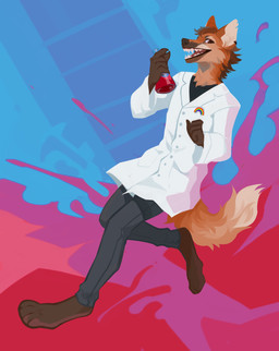 abstract_background anthro black_clothing black_topwear bottomwear brown_body brown_eyes brown_fur clothed clothing coat fangs fur glistening glistening_eyes grey_bottomwear grey_clothing grey_pants holding_object lab_coat looking_at_viewer male open_mouth orange_body orange_fur pants rainbow red_tongue solo tan_body tan_fur teeth tongue topwear unsigned corzh77 canid canine mammal maned_wolf absurd_res full-length_portrait hi_res portrait