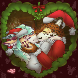 anthro christmas_clothing christmas_decorations christmas_headwear clothing duo female hat headgear headwear heart_symbol holidays kiss_on_lips kissing love male mistletoe plant romantic romantic_couple santa_hat naoto christmas felid leopard mammal pantherine 1:1 absurd_res hi_res