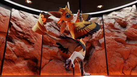 anthro bedroom_eyes dancing feathered_wings feathers looking_at_viewer male narrowed_eyes paws pole pole_dancing seductive solo spiri'vali tattoo underfluffies wings yellow_body yellow_feathers kaanavali kaan_avali avali 3d_(artwork) absurd_res digital_media_(artwork) hi_res