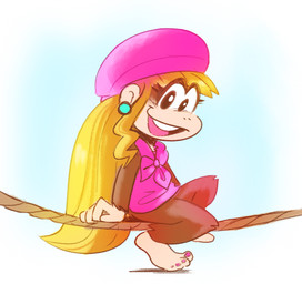 barefoot blonde_hair bottomless brown_body brown_fur clothed clothing ear_piercing feet female fur hair hat headgear headwear long_hair piercing ponytail rope solo toes nathanbutler donkey_kong_(series) nintendo dixie_kong haplorhine mammal monkey primate hi_res