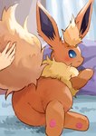 ambiguous_gender blue_eyes blush blush_lines butt duo embarrassed featureless_crotch feral fluffy fluffy_tail fur looking_back orange_body orange_fur pawpads paws pillow rear_view tail tail_grab yellow_body yellow_fur chaco_(illustrattyako) nintendo pokemon eeveelution flareon generation_1_pokemon human mammal pokemon_(species) 2024 absurd_res hi_res