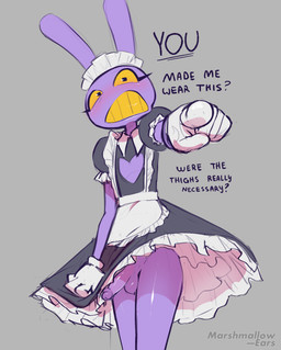 anthro balls blush bottomless bottomless_anthro bottomless_male bottomwear cleavage_cutout clothed clothing crossdressing cutout erection erection_under_skirt front_view genitals gesture glans glistening_thighs gloves hand_gesture handwear humanoid_genitalia humanoid_penis maid_headdress maid_uniform male no_underwear penis pointing pointing_at_viewer simple_background skirt slim_anthro slim_male solo standing teeth text uniform upskirt yellow_teeth marshmallow-ears glitch_productions the_amazing_digital_circus jax_(tadc) lagomorph leporid mammal rabbit english_text hi_res