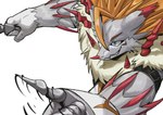 anthro blue_eyes brass_knuckles fluffy_chest fur grey_body grey_fur grin hair male melee_weapon orange_hair punch simple_background smile solo spikes spikes_(anatomy) weapon white_background carina2cl bandai_namco digimon digimon_(species) stefilmon hi_res