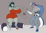 anthro big_breasts breasts clothed clothing curvy_figure duo female huge_breasts male muscular muscular_thighs nipple_outline standing thick_thighs voluptuous wide_hips kaboozle rockaway_carter taz_sharkchest canid canine fish hybrid mammal marine shark hi_res