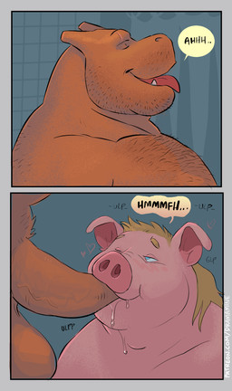 anthro balls barazoku body_hair chest_hair close-up duo facial_scar genitals looking_pleasured male male/male oral oral_penetration penetration penis scar shower_curtain speech_bubble stubble tongue tongue_out dramamine nintendo pokemon charizard domestic_pig generation_1_pokemon mammal pokemon_(species) suid suine sus_(pig) comic hi_res