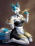 anthro breasts clothing costume female food fur hair honey_(food) lust maid_uniform morning pancake roleplay short_hair solo submissive syrup uniform white_body white_fur elenmory icefumy canid canine fox mammal absurd_res hi_res