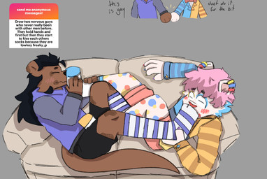 anthro blush clothing clown duo feet femboy foot_fetish footwear fur furniture hair kissing long_socks male male/male paws sniffing socks sofa tail text worship mrpawpaw ngl snoof_the_clown sox_the_otter bear mammal mustelid otter polar_bear ursine english_text hi_res