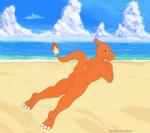 3_toes anthro anthrofied barefoot basking beach biceps biped blue_eyes blush bodily_fluids butt casual_nudity claws cloud day embarrassed eyebrows feet fire flaming_tail flustered horn humanoid_hands looking_at_viewer looking_back lying male muscular muscular_anthro muscular_male nude nude_beach on_front orange_body orange_horn orange_scales outdoor_nudity outside pokemorph raised_tail sand scales sea seaside shy sky smile solo sun sweat tail teasing teeth thick_tail toes water white_claws meteorsmash nintendo pokemon charmeleon generation_1_pokemon lizard pokemon_(species) reptile scalie absurd_res hi_res