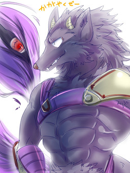 anthro armor eye_contact fluffy fluffy_tail fur horn living_tail looking_at_another male pauldron purple_body purple_fur smile solo tail teeth unconvincing_armor unusual_anatomy unusual_tail bakugatou lifewonders tokyo_afterschool_summoners bathym_(tas) canid canine canis demon mammal wolf 3:4 hi_res