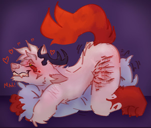 anthro antlers blood blood_from_wound bodily_fluids gore grinding happy_gore horn looking_pleasured male masturbation pillow pillow_humping scar self-harm self-harm_scars solo wounded malborocat cal_(malborocat) canid canine canis mammal wolf