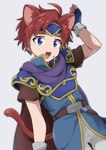 accessory blue_eyes cape clothing fingerless_gloves fur gloves hair handwear headband humanoidized inner_ear_fluff light_body light_skin looking_at_viewer male open_mouth open_smile red_body red_fur red_hair simple_background smile solo tail tuft 317smbr fire_emblem fire_emblem_the_binding_blade nintendo roy_(fire_emblem) animal_humanoid felid felid_humanoid feline feline_humanoid humanoid mammal mammal_humanoid hi_res