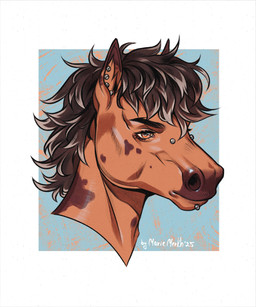 abstract_background anthro bridge_piercing brown_hair brown_markings ear_piercing ear_stud facial_piercing hair lip_piercing lip_stud male male_anthro markings mouth_closed nose_piercing orange_body orange_eyes piercing solo marie_merkh equid equine horse mammal 2025 absurd_res dated headshot_portrait hi_res portrait signature