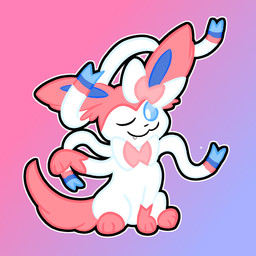 ambiguous_feral ambiguous_gender big_ears blue_sclera bow_(anatomy) feral fluffy fluffy_tail fur gradient_background leg_markings markings one_eye_closed outline pink_body pink_fur ribbons ribbons_(anatomy) simple_background smile snaggle_tooth socks_(marking) solo tail white_body white_eyes white_fur white_outline wink duckydrawz nintendo pokemon eeveelution generation_6_pokemon pokemon_(species) sylveon 1:1