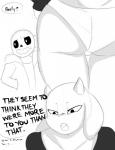 2018 angry animated_skeleton anthro blush bodily_fluids bone boss_monster_(undertale) bovid breasts caprine clothing comic digital_media_(artwork) duo english_text female hi_res imminent_sex inuyuru larger_female male mammal mature_anthro mature_female monochrome panties rear_view sans_(undertale) size_difference skeleton smaller_male smile soriel sweat text toriel tsundere undead undertale undertale_(series) underwear
