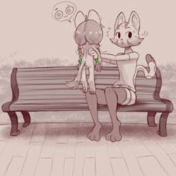 age_difference anthro anus bench bodily_fluids butt clothed clothing dripping duo female genitals holding_another male nervous nude sweat tail vulva young young_anthro young_female ichduhernz poni_(ichduhernz) domestic_cat felid feline felis mammal 1:1 2026 hi_res