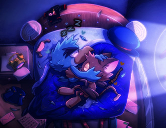 3_fingers after_sex afterglow alarm_clock anthro balls beak bed bed_sheet bedding bedroom blue_body blue_feathers bodily_fluids bottomwear brown_body brown_fur claws clock clothing clothing_aside countershade_face countershade_torso countershading cuddling cum cum_in_ass cum_inside cum_on_bed dipstick_tail drawer duo envelope eyes_closed feathers feet fingers floor fur furniture genital_fluids genitals green_body green_feathers hat headgear headwear heart_symbol holding_head holding_waist hug inside jacket jacket_vest leaking leaking_cum leaking_precum light lying mailbag male male/male markings moonlight nightstand nude on_bed on_side pants paper paws penis postage_stamp precum purring red_nose romantic romantic_ambiance shirt skull_symbol sleeping snoring sound_effects sweat table tail tail_feathers tail_markings talons tan_body tan_fur tired toes topwear tuft vest vowelless vowelless_sound_effect wall_(structure) window wood wood_furniture yellow_beak yellow_eyes zipper zzz conditional_dnp kazoko_(artist) jaques_(kazoko) joey_the_delivery_bird avian bird hi_res