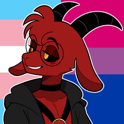 2_horns anthro bisexual_pride_colors black_sclera blush choker clothing collarbone dark_eyelids eyelashes eyewear female flat_chested fur glasses harness horn jacket jewelry lgbt_pride looking_aside necklace orange_eyes pride_colors red_body red_eyelids red_fur smile solo topwear transgender_pride_colors idolomantises junior_(idolomantises) bovid caprine caprine_demon demon goat goat_demon mammal 1:1 2025 bust_portrait hi_res portrait trans_(lore) trans_woman_(lore)