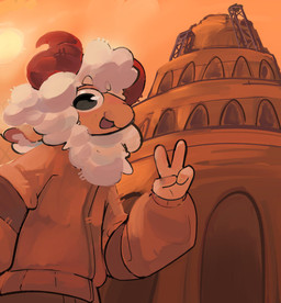 4_fingers anthro building clothed clothing construction_site eyebrows fingers fur gesture hand_gesture horn looking_at_viewer male open_mouth orange_sky outside sky solo standing sun tower tower_of_babel v_sign white_body white_fur white_wool wool_(fur) androdraw bible cornelio_(androdraw) bovid caprine mammal sheep 2026 absurd_res digital_media_(artwork) hi_res