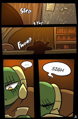 anthro clothed clothing female horn scar silhouette solo speech_bubble tavern text yellow_eyes brradett lernie_(brradett) scalie absurd_res comic digital_drawing_(artwork) digital_media_(artwork) english_text hi_res