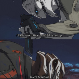 2_panel_comic armor dialogue duo knife lying male on_back open_mouth sharp_teeth side_view teeth text creepy_gun bioware electronic_arts mass_effect nihlus_kryik saren_arterius alien turian english_text hi_res