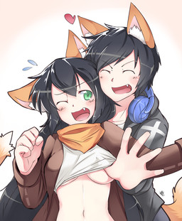 blush breasts clothed clothing clothing_lift duo ear_tuft electronics eyes_closed female gradient_background headphones heart_symbol male male/female open_mouth shirt shirt_lift simple_background smile topwear tuft nobu_baka haruz sundyz animal_humanoid cat_humanoid felid felid_humanoid feline feline_humanoid humanoid mammal mammal_humanoid 2019 hi_res signature