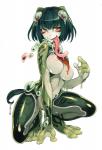 amber_eyes amphibian animal_humanoid blush breasts bubble crouching female frog genitals green_hair hair heart_symbol horizontal_pupils humanoid kenkou_cross long_tongue looking_at_viewer monster_girl_(genre) monster_girl_encyclopedia mucus_toad nipples nude pupils pussy scalie simple_background slime smile solo toad_(frog) tongue tongue_out white_background