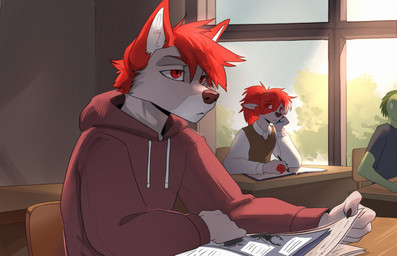anthro birthmark book classroom classroom_desk clothing daydream desk duo family female furniture hoodie male markings school school_uniform sitting sitting_on_desk table topwear uniform vest window worried drmax legend_of_ahya michael_thumpings_(darkflamewolf) nina_thumpings_(darkflamewolf) canid canine canis lizard mammal reptile scalie wolf hi_res brother_(lore) brother_and_sister_(lore) sibling_(lore) sister_(lore) sisters_(lore)