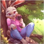 anthro bottomwear breasts clothing dessert detailed_background doughnut female food fur grey_body grey_fur pants pastry pillow pink_clothing pink_shirt pink_topwear shirt solo topwear myoniis disney zootopia judy_hopps lagomorph leporid mammal rabbit 1:1 digital_media_(artwork) hi_res