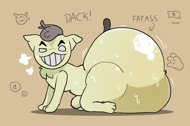 balls big_butt blush bodily_fluids body_blush butt butt_blush clothing empty_eyes facial_markings feral floating_hands forehead_markings fur genitals glistening glistening_butt head_markings headgear headgear_only headwear headwear_only huge_butt hyper hyper_butt looking_at_viewer male markings money_bag mostly_nude neck_tuft nude penis simple_background smug_grin solo steam sweat sweaty_butt teasing teasing_viewer teasing_with_butt text thick_thighs toothy_grin tuft wide_hips yellow_body yellow_fur pawplants mewgenics dack_(mewgenics) domestic_cat felid feline felis mammal english_text hi_res