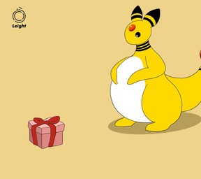 ambiguous_gender anthro belly big_belly catching glistening glistening_eyes huge_belly lying multicolored_body present_box simple_background solo two_tone_body white_body yellow_body kemo_leight mythology nintendo pokemon ampharos dragon generation_2_pokemon mythological_creature mythological_scalie pokemon_(species) scalie 2d_animation animated hi_res