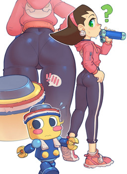 5_fingers accessory ambiguous_gender ambiguous_humanoid blue_body blush blush_lines blush_stickers bodily_fluids brown_hair butt butt_shot clothing drinking duo ear_piercing ear_ring exclamation_point eyelashes female female_human fingers footwear glistening glistening_butt green_eyes green_pupils hair hand_on_hip hand_on_own_hip headband holding_object jacket larger_female larger_human light_body light_ears light_nose light_skin looking_aside looking_at_another looking_at_butt looking_away looking_back looking_back_at_another looking_down looking_down_at_another looking_up machine multicolored_headband not_furry piercing pink_blush pink_clothing pink_footwear pink_hairband pink_jacket pink_shoes pink_topwear print_clothing print_jacket print_topwear pupils question_mark ring_piercing shoes simple_background size_difference smaller_ambiguous smaller_humanoid socks speech_bubble standing sweat sweaty_face tight_clothing topwear towel towel_around_neck walking wavy_mouth white_background white_clothing white_footwear white_socks white_towel yellow_hands yellow_head darkbotart capcom mega_man_(series) mega_man_legends tron_bonne human humanoid mammal robot robot_humanoid servbot 2022 hi_res shaded