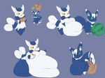 anthro belly big_belly blue_body blue_fur duo female food fur huge_belly obese overweight simple_background stuffing weight_gain white_body white_fur maniacalfork nintendo pokemon generation_6_pokemon meowstic pokemon_(species) 2022 hi_res