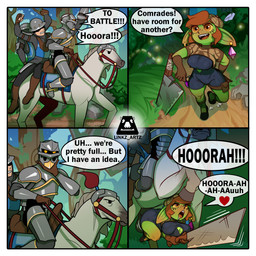 abdominal_bulge ambiguous_penetration armor balls belly_riding bestiality blush border bound dialogue female female_penetrated feral feral_penetrating feral_penetrating_humanoid genitals green_body green_skin holding_melee_weapon holding_object holding_weapon humanoid_on_feral humanoid_penetrated knight larger_male male male/female male_penetrating male_penetrating_female melee_weapon penetration sex shortstack size_difference smaller_female text warrior weapon white_border linkz_artz equid equine goblin horse humanoid mammal 1:1 absurd_res comic english_text hi_res