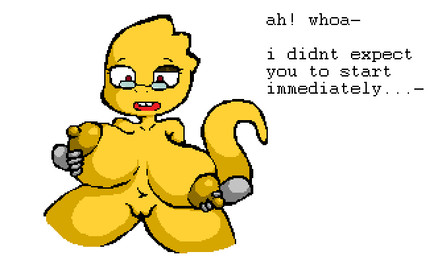 ambiguous_form ambiguous_gender anthro big_breasts big_nipples breast_grab breasts buckteeth deep_navel dialogue disembodied_hand duo eyeshadow eyewear eyewear_only female female/ambiguous front_view genitals glasses glasses_only grey_body hand_on_breast huge_breasts makeup navel nipples non-mammal_breasts non-mammal_nipples nude one_eye_half-closed open_mouth rectangular_glasses red_eyes shortstack simple_background sitting tail teeth text thick_tail thick_thighs vulva wearing_glasses jjjetter undertale_(series) alphys lizard reptile scalie aliasing digital_media_(artwork) english_text
