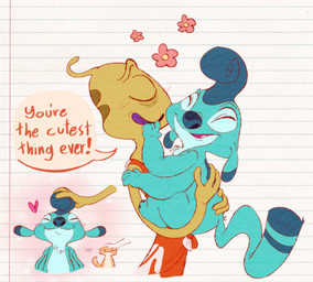 1_eye 3_fingers 4_arms 4_fingers blush blush_lines chest_tuft closed_smile clothing dialogue dipstick_ears duo ear_markings eyes_closed feral fingers flower fur green_body green_skin happy head_markings headpat heart_symbol holding_character hug hugging_another male markings mouth_closed multi_arm multi_limb multicolored_ears muumuu notebook_paper_background occipital_markings orange_clothing plant purple_tongue semi-anthro smile speech_bubble tail teal_body teal_fur teal_markings teal_nose text tongue tuft cartoon-enjoyer disney lilo_and_stitch wendy_pleakley yaarp alien experiment_(lilo_and_stitch) plorgonarian english_text hi_res