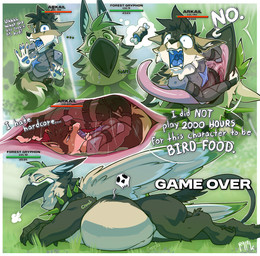 annoyed anthro anthro_prey armor blue_eyes blue_flesh bodily_fluids bone collar crunch death dialogue digestion_implied drooling duo fatal_vore feral feral_pred game_over gameplay_mechanics green_eyes gui health_bar larger_feral larger_pred male meat_on_bone melee_weapon oral_vore saliva screaming size_difference skull smaller_anthro soft_vore sound_effects spiked_collar spikes sword text tongue tongue_out videogame_setting vore weapon wings ralek mythology arkail_(randomlucario) ralek_(oc) avian canid canine canis gryphon jackal mammal mythological_avian mythological_creature absurd_res comic english_text hi_res huge_filesize
