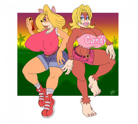 4_fingers 4_toes 5_fingers anthro bedroom_eyes big_breasts big_butt bottomwear breast_size_difference breasts butt cellphone cleavage clothed clothing colored_fingernails colored_nails colored_toenails duo electronics feet female fingernails fingers footwear forest hair hair_over_eye hotpants huge_breasts jungle lips lipstick looking_at_viewer makeup nails narrowed_eyes nipple_outline on_one_leg one_eye_obstructed phone plant prehensile_feet seductive shirt shoes shorts sleeveless_shirt smartphone smile smiling_at_viewer smirk smirking_at_viewer sneakers standing tank_top thick_lips thick_thighs toenails toes topwear torn_bottomwear torn_clothing torn_shirt torn_shorts torn_topwear tree cricket-inc activision crash_bandicoot_(series) donkey_kong_(series) nintendo candy_kong tawna_bandicoot bandicoot kong mammal marsupial primate colored crossover hi_res